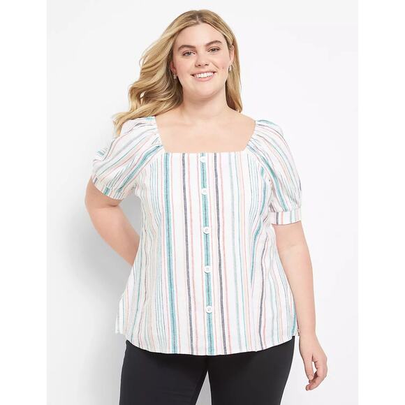 Lane Bryant Tops - NWT Lane Bryant Square-Neck Striped Top With Button Detail Linen Lightweight 22